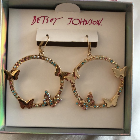 Betsey Johnson Gold Tone Gypsy Hoop Earrings Butterfly & Pastel Crystal Accents - Picture 5 of 12